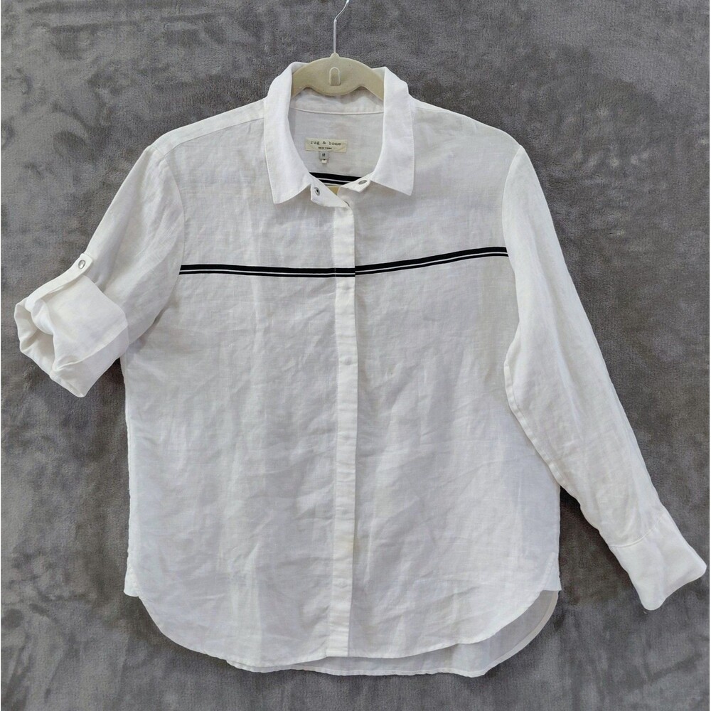 Rag & Bone 100% Linen Snap Shirt Women's Medium Roll Tab Sleeves Nautical Resort